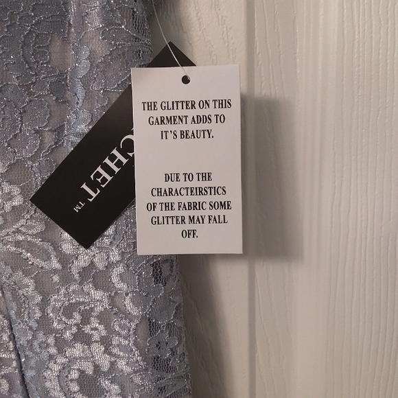 CACHET' NY Lace off the Shoulder Sky Blue Silver Trumpet Evening Gown Sparkle 14 - Picture 5 of 9